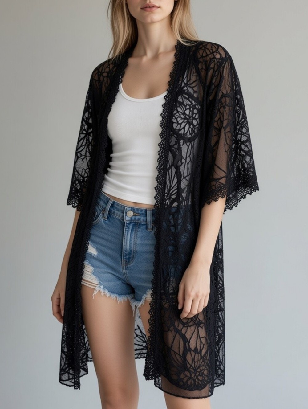 Miss Chievous Floral Lace Kimono Cardigan Womens S/M Black Romantic Artsy